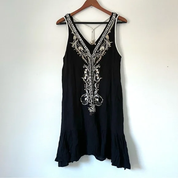 Free People Crazy For Love Dress Black Embroidered Beaded V-Neck Women’s Small - Picture 3 of 10